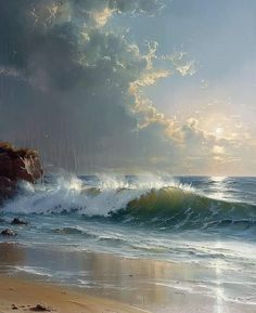 an oil painting of waves crashing on the beach with clouds in the sky above it