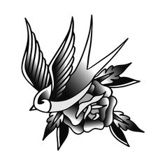 a black and white tattoo design of a bird with flowers on it's wings