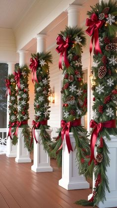 Christmas Decorations Columns, Christmas Garland Front Porch Columns, Christmas Garland Fence Ideas, Exterior Diy Christmas Decorations, Outside Lighting Ideas Christmas, Side Of House Christmas Decorations, Christmas Landscape Ideas, Mudroom Christmas Decor Ideas, Window Box Christmas Decorating Ideas