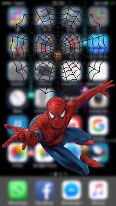 the spider man is flying through the air in front of an iphone screen with icons on it