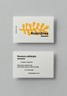 two business cards with the name konnichwa on one side and an orange design on