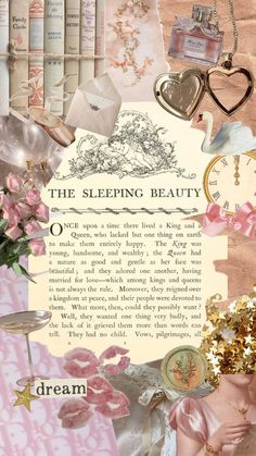 a collage of pink and gold items with the words sleeping beauty written in it