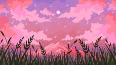 the sky is filled with pink clouds and stars, while tall grass are in the foreground