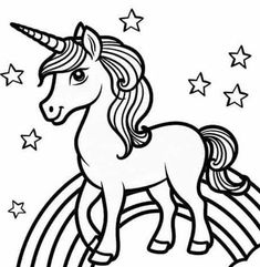 a black and white drawing of a unicorn on top of a rainbow with stars in the background