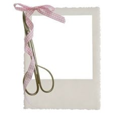 a pair of scissors with a pink ribbon tied around it's end, in front of a white background