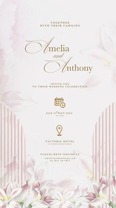 an elegant wedding card with pink flowers