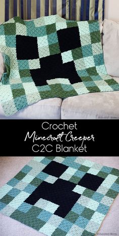 the crochet blanket is made with black and green squares, which are on top of a white couch