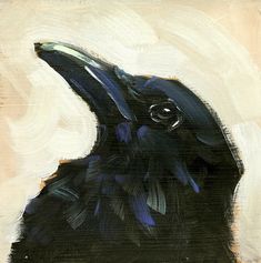 a painting of a black bird with blue feathers