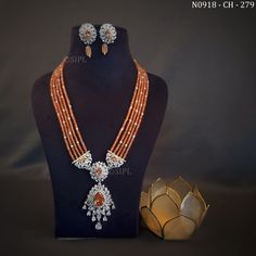 A Gift for someone most adorable for you. Earrings made of brass. Material : beads,stone. Earrings : 1 Pair. Necklace : 1 Thappa Jewellery, Coral Jewelry Vintage, Coral Jewelry Set, Sabyasachi Jewelry, Jewellery Beads, Color Stones Jewelry, Long Stone Necklace, Orange Diamond, Gold Pearl Jewelry