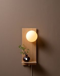 a light that is on the side of a wall next to a potted plant