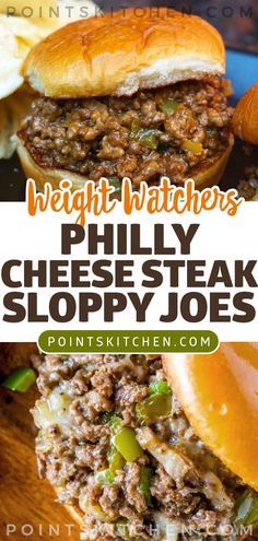 two pictures with the words, weight watchers phily cheese steak sloppy joes