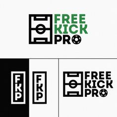 the logo for free kick pro is black and white with green letters on it's sides