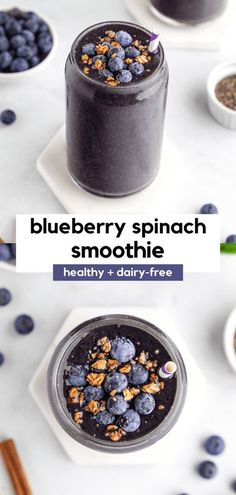 blueberry spinach smoothie in a glass bowl with granola on the side