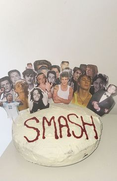 a cake with the word smash on it surrounded by pictures of people and their names