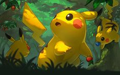 two pikachu standing next to each other in the forest