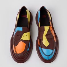 Colorblock Leather Pops On These Mismatched Crepe-Sole Penny Loafers From Camper That Come Together As A Perfect Pairopposite And Yet Complementary. Multicolored Printed Leather Women's Loafers With Rubber Outsoles. Born In 1988, Camper’s Twins Concept Challenges The Idea That Shoes Should Be Identical, Presenting Mismatched Styles That Are Truly Unique. Upper Calfskin (Leather Working Group Certified); Outsole 100% Rubber; Insole Ortholite For Cushioning; Lining 34% Pigskin / 27% Textile (45% Recycled Polyester - 35% Recycled Cotton - 20% Viscose) 24% Textile (100% Recycled Pet) 15% Recycled Polyester Excellent Condition, Only Worn A Few Times, Size 36 Favorite Color Blue, Leather Loafers Women, Camper Shoes, Penny Loafer, Women's Loafers, Fall Favorites, Penny Loafers, Printed Leather, Loafers For Women