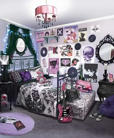 a bedroom decorated in black, white and pink