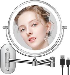 a woman's face is shown in the mirror and plugged into an outlet