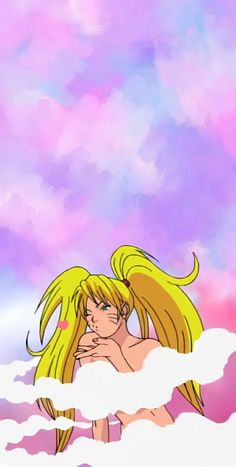 a woman with long blonde hair sitting on top of a cloud filled sky next to a pink and blue sky