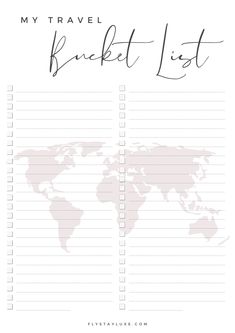 the printable travel bucket list is shown with a world map on it and text that reads