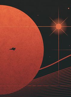 an orange and black poster with a bird flying in front of the sun