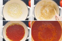 four pictures showing how to make pasta in a pot with tomato sauce and other ingredients