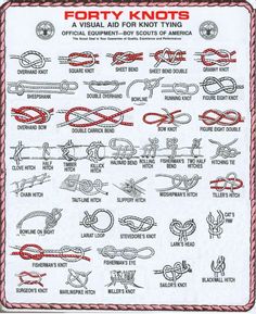 a poster with many different types of knots on it's back side and the words forty knots written in red ink