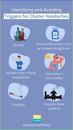 Common cluster headache triggers include drinking alcohol, smoking, and eating certain foods. \n\nIdentifying your triggers may help reduce the frequency and severity of your headache attacks.\n\nMany people with cluster headache find that certain actions and circumstances tend to trigger an attack. \n\nIdentifying and avoiding these triggers can be useful and help complement your treatment plan. Prom Hairstyles For Long Hair, Headache, Natural Skin, Alcoholic Drinks, Healthy Eating, Medical, How To Plan
