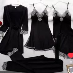 Nwot 5 Pieces Robe Short Slip Camisole Shorts Pants All With Lace Detail Runs Small Elegant Black Sets For Night, Elegant Black Night Sets, Fitted Black Sets For Night, Satin Sleepwear, Shorts Pants, Sleepwear Sets, Jewelry Outfit, Short Pants, Lace Detail