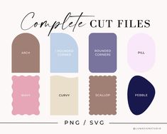 the complete color palette for this project includes different colors and shapes, including blue, pink,