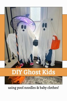 two kids dressed up in ghost costumes with text reading diy ghost kids using pool noodles and baby clothes