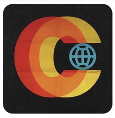 a poster with the letter c in blue, yellow and red on a black background