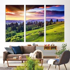 three paintings on the wall of a living room