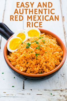 an orange bowl filled with rice, eggs and parmesan cheese on a white wooden table