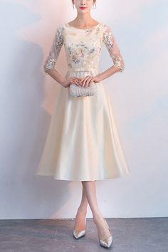 Champagne Fall Wedding, Midi Wedding Guest Dress, Fall Midi, Dress With Embroidery, Fall Wedding Guest, Fall Wedding Guest Dress, Short Gowns, Church Dresses, Trendy Fall Outfits