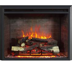 an electric fireplace with logs and flames