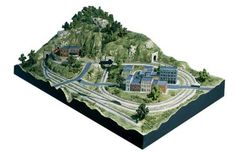 an illustrated model of a city with roads and buildings on it's sides, surrounded by trees