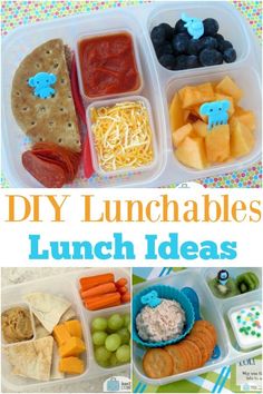 lunch boxes filled with different types of food and the words diy lunchables lunch ideas