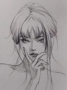 a pencil drawing of a woman with her hand on her face