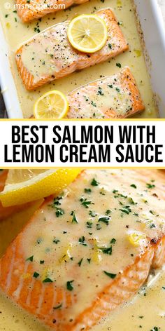 Love salmon? Try this easy Salmon with Lemon Cream Sauce recipe! A delicious balance of zesty lemon and rich cream that coats tender salmon fillets. A dish the whole family will enjoy! Lemon Cream Salmon, Salmon And Sauce Recipes, Salmon Lemon Dill Sauce, Baked Salmon With Cream Sauce, Salmon And Mayo Recipes Baked, Salmon Heavy Cream Recipes, Salt Free Salmon Recipes, Rice That Goes With Salmon, Salmon Francese