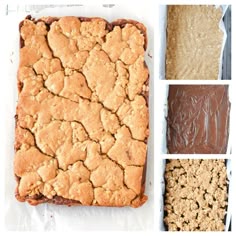four different types of baked goods in pans