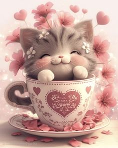 a kitten is sitting in a teacup with pink flowers on the rim and eyes closed