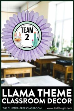 a purple flower hanging from the ceiling in a classroom with text reading team 2 gnome theme classroom decor