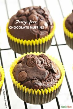 chocolate muffins cooling on a rack with the words dairy - free chocolate muffins