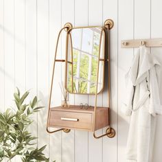 a mirror hanging on the wall next to a towel rack and potted plant in front of it