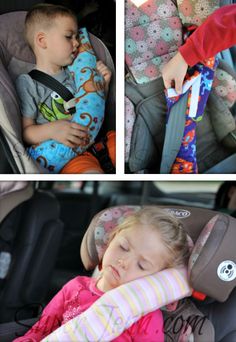 two pictures of a child sleeping in a car seat