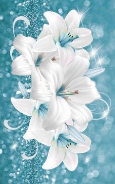 some white flowers on a blue background with sparkles in the air and water behind them