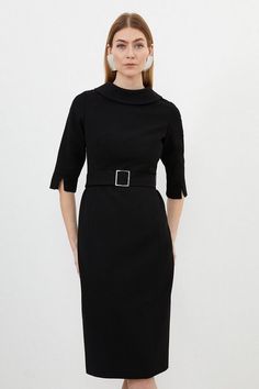 Structured Crepe Turtleneck Pencil Midi Dress | Karen Millen Funeral Clothes For Women, Business Dresses Classy, Pencil Midi Dress, Karen Millen Dress, Midi Pencil Dress, Work Dresses, Crepe Fabric, Roll Neck, Karen Millen