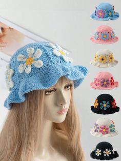 a woman's hat with flowers on the front and side, all in different colors