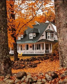 a large white house surrounded by trees with leaves on the ground and rocks around it